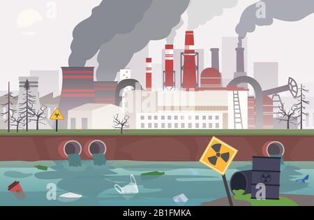 Vektor einer Arbeitsfabrik, die Luft, Wasser und Boden verschmutzt und giftige Abfallchemikalien in den Fluss gießt Stock Vektor