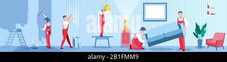 Renovierung eines Apartmentkonzepts. Vektor der Arbeiter, die Wände malen und Leuchten installieren, die den Innenraum schmücken und Möbel in eine moderne Wohnung bringen Stock Vektor