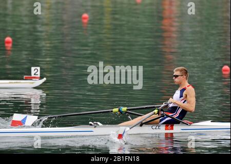 Shunyi, CHINA. Viertelfinale der Einzel-Schädel-Männer, CZE M1X, Ondrej SYNEK, bei der olympischen Regatta 2008, Shunyi Ruder-Kurs. Sonntag 10.08.2008 [Pflichtgutschrift: Peter SPURRIER, Intersport Images] Stockfoto