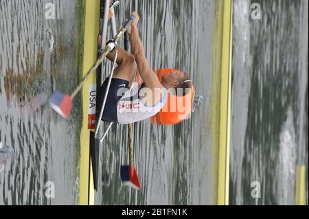 Shunyi, CHINA. Viertelfinale der Männer im Einzel, USA M1X, Ken JURKOWSKI, bei der olympischen Regatta 2008, Shunyi Ruder-Kurs. Sonntag 10.08.2008 [Pflichtgutschrift: Peter SPURRIER, Intersport Images] Stockfoto