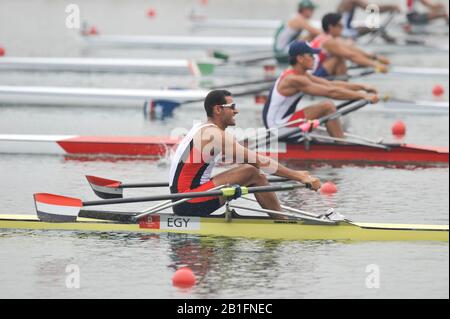 Shunyi, CHINA. Männer Einzel-Schädel-Halbfinale C/D, EGY M1X, bei der olympischen Regatta 2008, Shunyi Ruder-Kurs. Dienstag 12.08.2008 [Pflichtgutschrift: Peter SPURRIER, Intersport Images] Stockfoto