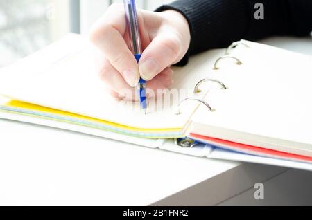 Die Hand hält einen Stift. Eine Person schreibt in einem Notizbuch in der Nähe des Fensters. Stockfoto