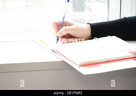 Die Hand hält einen Stift. Eine Person schreibt in einem Notizbuch in der Nähe des Fensters. Stockfoto