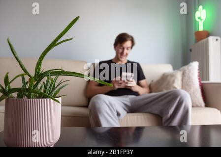 Entschärfter, erschöpfter Mann, der auf der Couch sitzt und das abgewickelte Videospiel spielt. Schwerpunkt in der Aloe Anlage Stockfoto