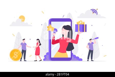 Empfehlen Sie einen Freund Flat Style Design Vector Illustration auf weißem Hintergrund. Frau mit Megafon und Geschenkbox standin im Smartphone und Stock Vektor