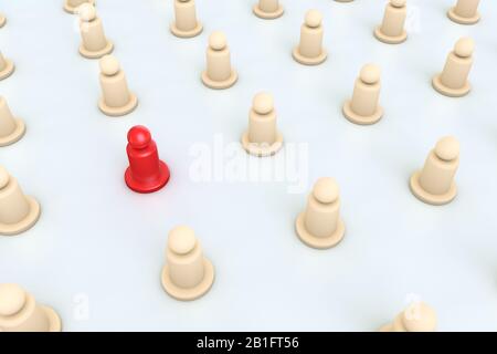 3D-Rendering, Leadership Concept, rotes Stück, das sich von der Masse abhebt, isoliert auf weißem Hintergrund. Stockfoto