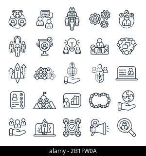 Geschäftsleute umreißen Symbole. Brainstorming im Office-Team, Geschäftspräsentation und Arbeitspartner. Vektorsatz für Teamwork-Liniensymbole Stock Vektor