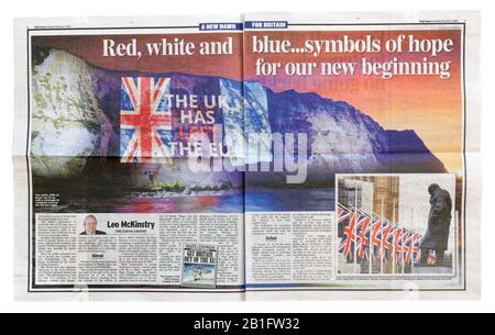 Der Daily Express vom 1. Februar 2020 mit der Brexit Headline "Rot-Weiß & Blau - Symbole der Hoffnung" Stockfoto