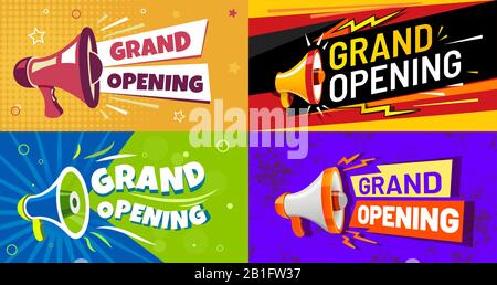 Große Banner zum Öffnen. Einladungskarte mit Megafonlautsprecher, Eröffnungsveranstaltung und Eröffnungsfeier Werbeflyer Vector Set Stock Vektor