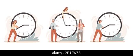 Effiziente Arbeitszeit. Arbeitszeitrate, Geschäftsleute arbeiten an Uhren und Zeitmanagement Terminabgabe-Vektor-Illustration festgelegt Stock Vektor