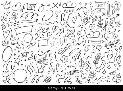 Dekorative Doodles. Mit der Hand gezeichneter Zeigepfeil, Umrissformen und Doodle Rahmen Vektorgrafiksatz Stock Vektor