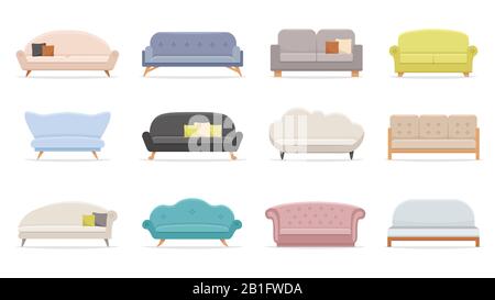 Haus-Sofa. Bequeme Couch, minimalistisch moderne Sofas, flaches Vektorgrafik-Set Stock Vektor