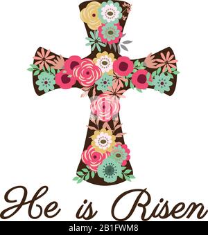 Vektorgrafiken eines Kreuzes mit Blumenmuster. Osterkreuz. Er ist Ein Auferstandener Hintergrund. Christlicher Urlaub. Stock Vektor