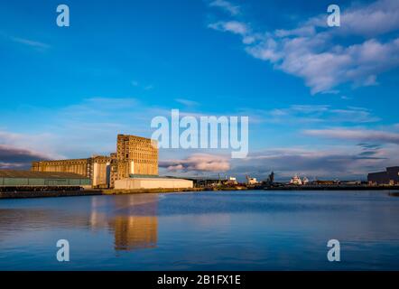 Leith, Edinburgh, Schottland, Großbritannien. Februar 2020, 25th. UK Wetter: Sonnenschein in der Dämmerung beleuchtet ein großes Industriegetreide Silogebäude, das sich im Wasser des Imperial Dock, Leith Werft, widerspiegelt Stockfoto