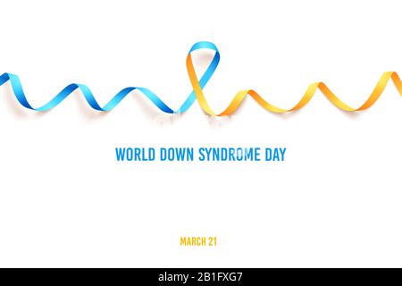 Blaugelbes Band über weißem Hintergrund. Vorlagensymbol für den Tag des World Down Syndroms. Poster für den 21. März. Vektorgrafiken. Stock Vektor