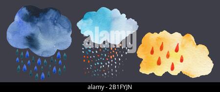 Niedliche Zeichnung der Wolkendarstellung. Hellblaue Cartoon-Wolke mit niedlichem Gesicht, Druck oder Symbol. Isoliert auf weißem Hintergrund. Stockfoto