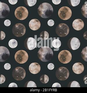 Kindliches, nahtloses Muster mit handgezogenen Raumelementen Raum, Mond, Stern, Planet, Galaxie. Trendige Kinder Hintergrund. Stockfoto