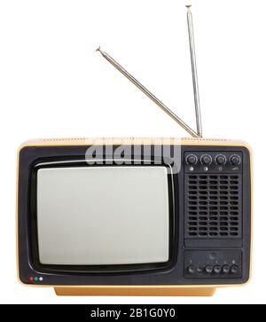 Gelber, tragbarer CRT-TV-Receiver im Vintage-Stil mit auf weißem Hintergrund isolierten Antennen. Retro-Technologie-Konzept Stockfoto