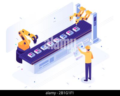 Isometrische Roboterfabrik. Der Ingenieur betreibt Roboterförderer, automatischen Roboterarm und Vektorgrafiken der industriellen Fertigung Stock Vektor