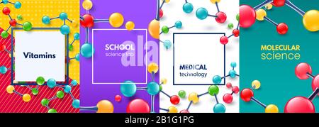 Molekularwissenschaftlicher Banner. Vitamine Molekül, moderner medizinischer wissenschaftlicher Rahmen und schulwissenschaftlicher Laborbanner Vektor-Hintergrund-Set Stock Vektor