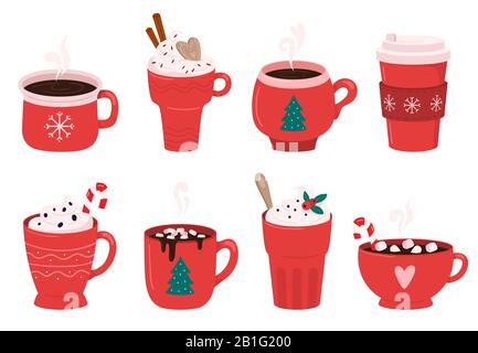 Weihnachtsfeiertag Kaffeebecher. Kakao mit Marshmallows, winterwärmende Getränke und Vektorgrafikset für heiße Espresso-Tasse Stock Vektor