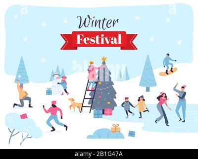 Winterfest. Feiertage im Dezember, festliche Weihnachtsdekorationen und Familien machen Spaß an der Vektordarstellung Stock Vektor