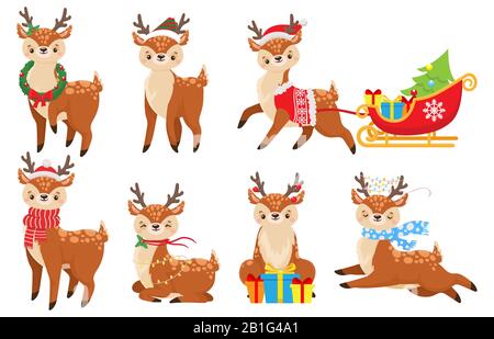 Cartoon weihnachtshirsch. Süßes Fawn im Winter Schal, Weihnachts-Rentiere-Kind und lustige Deers Vektorgrafik-Set Stock Vektor