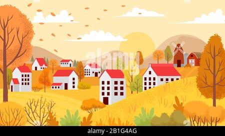 Herbstlandschaft Dorf. Ländliche Herbstgärten, gelbe Bäume und sonnige Vektor-Hintergrundillustration Stock Vektor