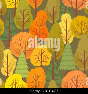 Nahtloses Waldbaummuster im Herbst. Farbenfroher Waldbaum, Parkanlagen im Freien und minimalistische Hintergrundillustration mit Blumenvektor Stock Vektor