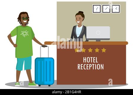 Die junge afroamerikanische Rezeptionistin und die afrikanische Touristin stehen an der Rezeption. Reisen, Gastgewerbe, Hotelbuchungskonzept.Cartoon Flat Vector Stock Vektor