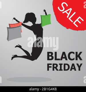Jumping Woman Silhouette mit Einkaufstaschen, Black friday Sale Background, Cartoon Vector Illustration Stock Vektor