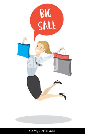 Fröhliche Kaukasische Frau mit Einkaufstaschen, großes Verkaufskonzept, isoliert auf weißem Hintergrund, Cartoon-Vektor-Illustration Stock Vektor