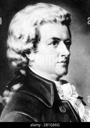 Vintage-Porträt des Komponisten Wolfgang Amadeus Mozart (1750-1730-1). Details aus einem Druck von ca. 1902 von W L Haskell. Stockfoto