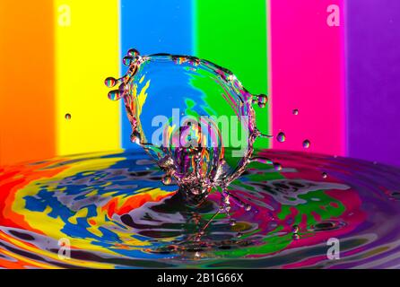 Abstraktes Foto einer Wasserfallenkollision, die durch zwei Wassertropfen entstanden ist, die isoliert vor einem farbenfrohen Hintergrund zusammenspritzen. Stockfoto