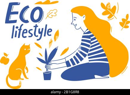 Ökologischer Lebensstil motivierendes Vektordesign mit Frau Pflanzen eine Blume Stock Vektor