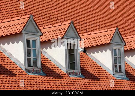 Eine Reihe von renovierten Dachfenstern im alten Stil, die mit neuen roten Dachziegeln und Schneeschützern bedeckt sind, oben auf dem Vorstadt-Familienhaus in der Altstadt Stockfoto