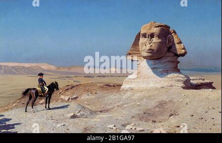 Bonaparte Vor der Sphinx, das Gemälde von Jean-Leon Gerome aus dem Jahr 1886. Es stellt Napoleon Bonaparte während seines ägyptischen Feldzugs dar, der zu Pferd vor der Großen Sphinx von Gizeh positioniert war, mit seiner Armee im Hintergrund. Napoléon Bonapart war ein französischer Staatsmann und Militärführer, der während der französischen Revolution zu Ansehen kam und mehrere erfolgreiche Kampagnen während der französischen Revolutionskriege führte. Als Napoleon I. war er von der Zeit von 1804 bis zum Jahr 1814 Kaiser der Franzosen und in den Hundert Tagen noch einmal kurz im Jahr 1815. Stockfoto