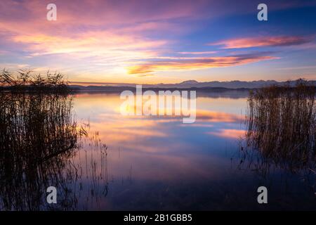 Der Monte Rosa und der Rest eines alten Bootshauses, das sich auf dem Varesee widerspiegelt. Stockfoto