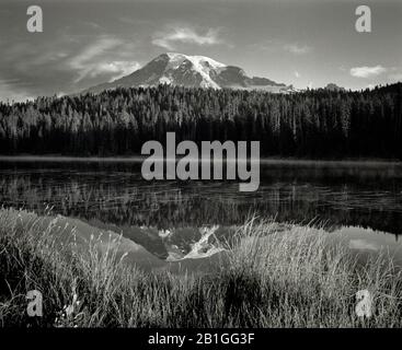 HB40006-00...WASHINGTON - Mount Rainier spiegelt sich in Den Reflection Lakes im Mount Rainier National Park wider. Makina W67 Kamera und Gelb #8 Filter. Stockfoto