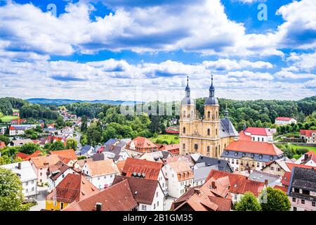 Panoramablick auf die Stadt Goessweinstein in der Frankonischen Schweiz, Deutschland, Bayern Stockfoto