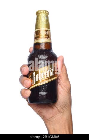 Irvine, KALIFORNIEN - 26. APRIL 2019: Nahaufnahme einer Hand, die eine Flasche Bohemia Bier hält. Aus Cerveceria Cuauhtemoc-Moctezuma, gegründet im Jahr 1890, heute a Stockfoto