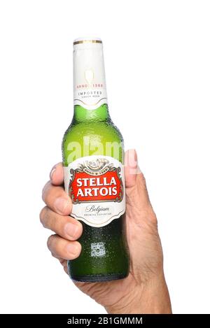 Irvine, KALIFORNIEN - 26. APRIL 2019: Nahaufnahme einer Hand mit einer Flasche Stella Artois Bier. Stella wird in Leuven, Belgien, gebraut und als A eingeführt Stockfoto