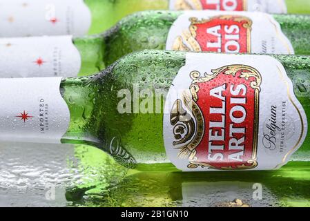 Irvine, KALIFORNIEN - 10. MÄRZ 2018: Stella Artois Bier in der Nähe. Stella wird seit 1926 in Leuven, Belgien gebraut und als festliche Biene auf den Markt gebracht Stockfoto