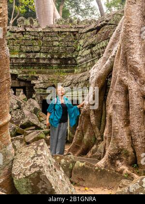 Bild des Ta Prohm Tempels, des photogenen Tempels im Archäologischen Park Angkor Wat, Siem Reap, Kambodscha. Stockfoto