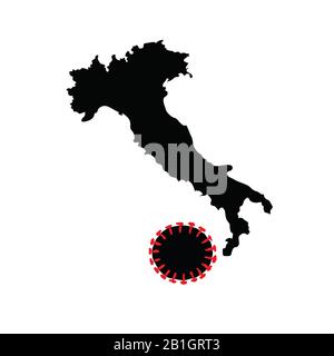 Italien kämpft gegen Coronavirus. Silhouette der italienischen Karte in Form eines Stiefels, der den Corona-Virus-förmigen Ball tritt. Konzept Rasterdarstellung. Stockfoto