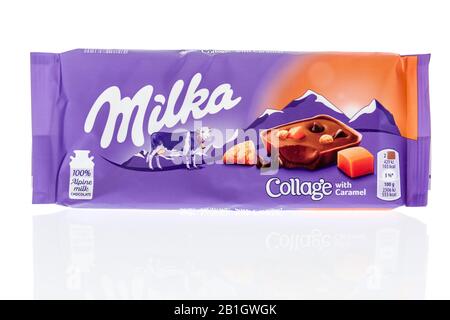 Winneconne, WI - 17. Februar 2020: Ein Paket von Milka Collage Süßigkeiten Bar auf einem isolierten Hintergrund. Stockfoto