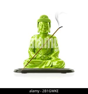 3D computer graphic, green Buddha statue with joss stick against white background, Europe Stockfoto