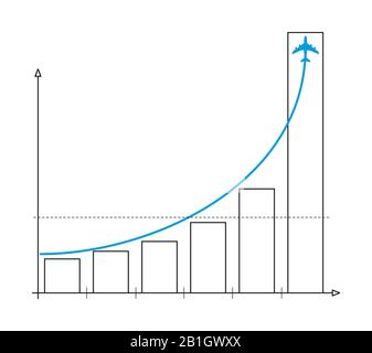 Computergrafik, steigende Balkendiagramme mit blauer Kurve vor weißem Hintergrund Stockfoto