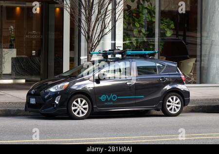 Vancouver, Kanada - 17. Februar 2020: Blick auf das beliebte Auto Share Vehicle "Evo" in der Innenstadt von Vancouver Stockfoto