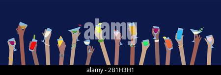 Hands Banner mit Alkoholgetränken in Brillen feiern bei Party - Vector einfach zu bearbeiten Stock Vektor